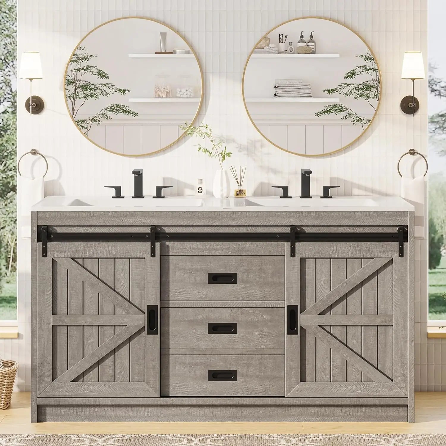 61" Farmhouse Double Bathroom Vanity with Sink Combo