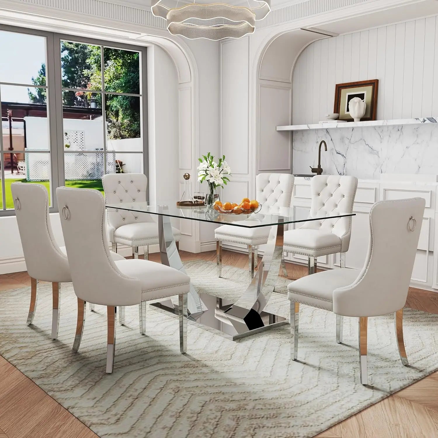 63" Gold Rectangular Glass Kitchen Table with 6 Beige High Back Chairs