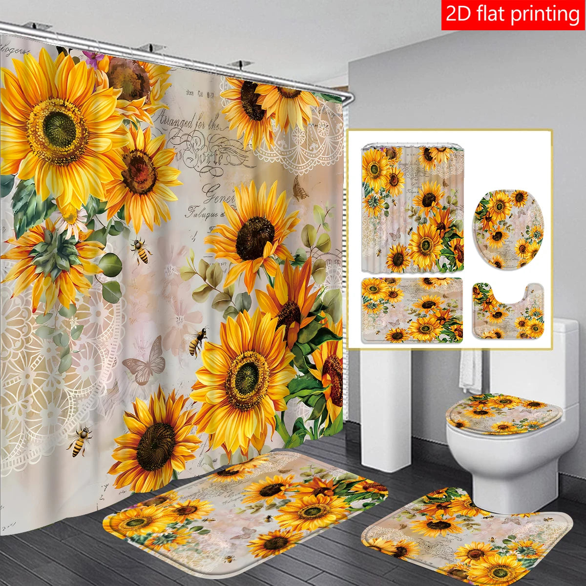 4pcs Sunflower shower curtain, Bath Set
