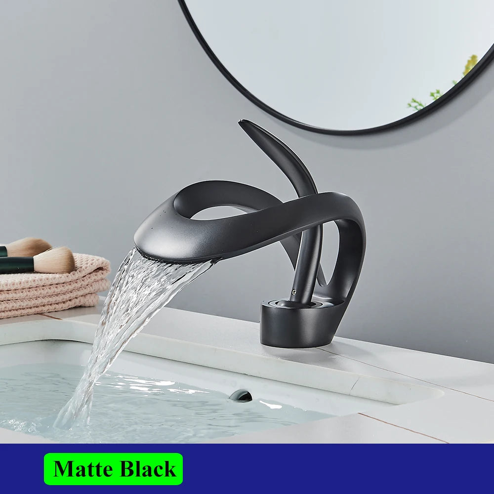 Waterfall Creative Bathroom Basin Faucet Sink Faucet Deck Mounted Hot Cold Water Mixer Crane Brass Body Single Hole Taps