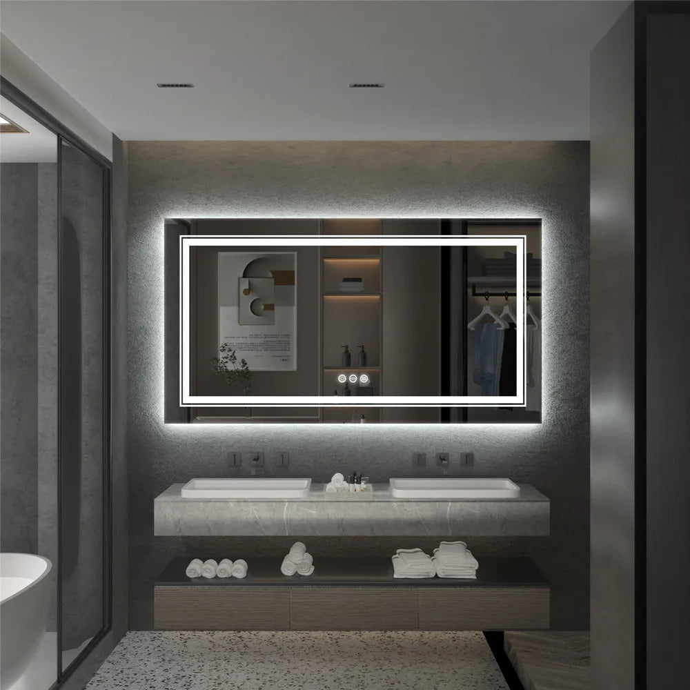 Large Full-Length Mirror for Bathroom Double Sink with 3-Color Lights Adjustable