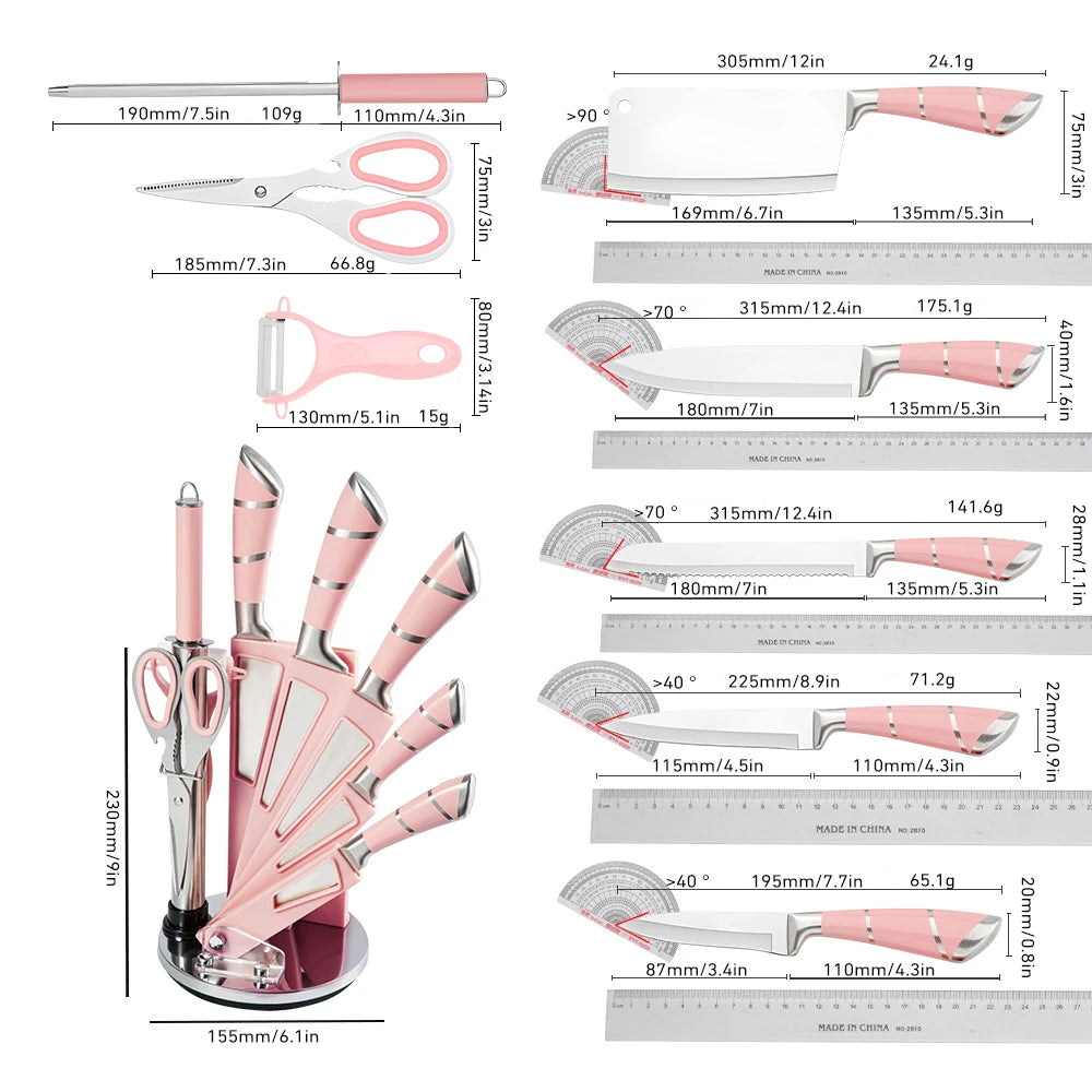 9 Pcs Pink Hollow Handle Stainless Steel Kitchen Knife Set with Rotatable Knife Block,  Includes Chef Knife Cleaver Bread Knife Utility Paring Knife, Kitchen Scissors, Fruit Peeler and Sharpening Rod