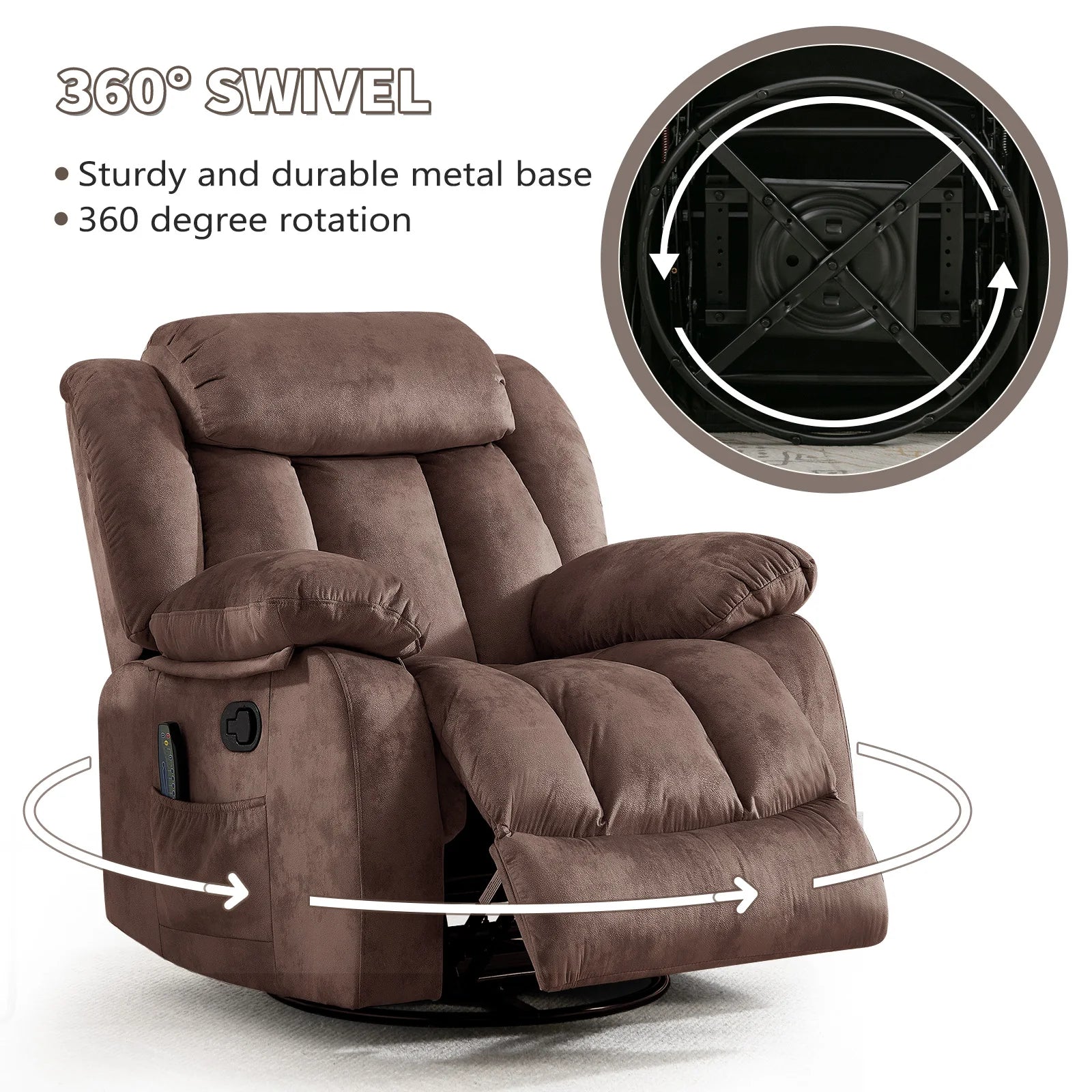 Massage Rocker Recliner with Heat and Vibration, 360 Degree Swivel Manual Antiskid Fabric Single Sofa Heavy Duty Reclining Chair