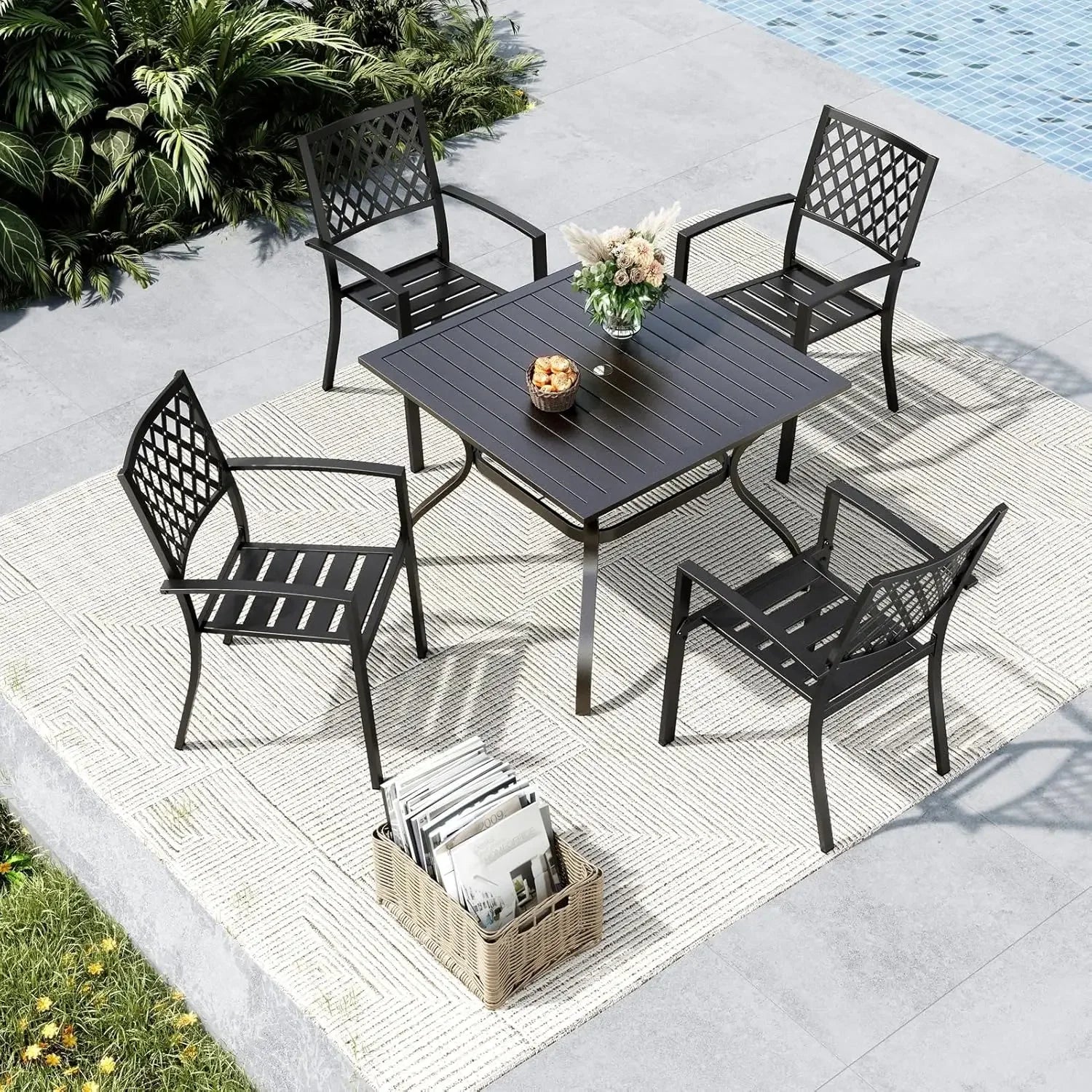 Outdoor Dining Set for 4, Patio Table and Chairs Set with Umbrella Hole