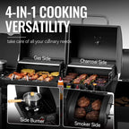 2-Burner Gas and Charcoal Combo Grill with Offset Smoker & Side Burner, 34,000 BTU Dual Fuel Grill, 1020 Sq. In.