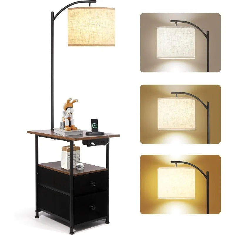 Reading Floor Lamp with Table, Charging Ports and Drawers