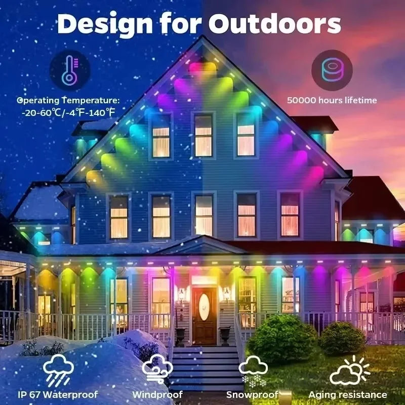 90M Smart Outdoor Eaves LED Lights String Bluetooth Controller, Color Changing with DIY Scene Modes