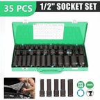 35pcs Professional Heavy-Duty 1/2" Pneumatic Tool Kit with Air Gun, Hex Extensions, Rotary Tools & Impact Socket Set