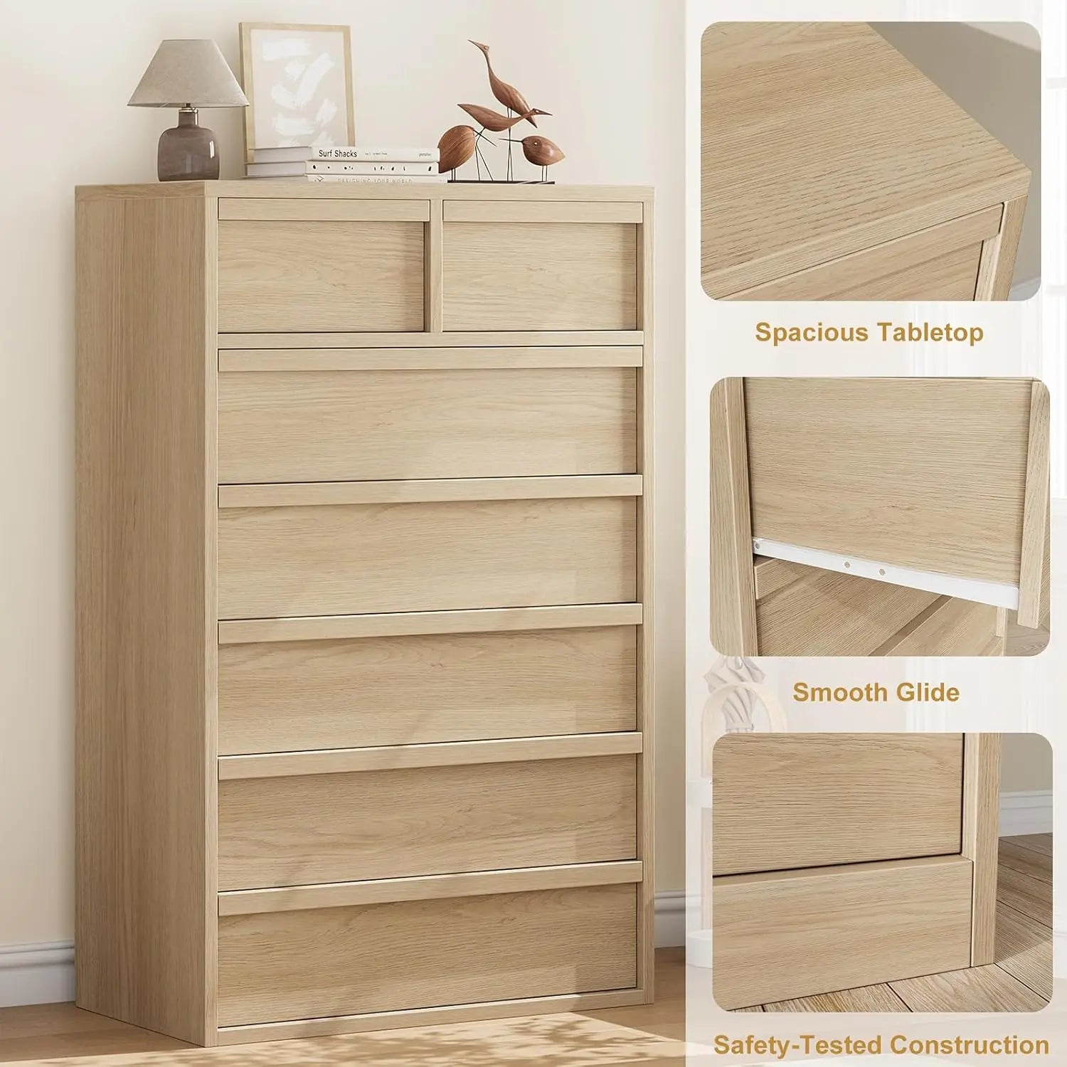 7 Drawer Dresser for Bedroom, 46 in Tall Natural Oak 7 Chest of Drawers with Large Storage for Living Room, Nursery, Entryway
