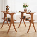 Narrow End Table with 2-Tier Storage Shelf and Solid Wood Legs, Slim Bedside Table