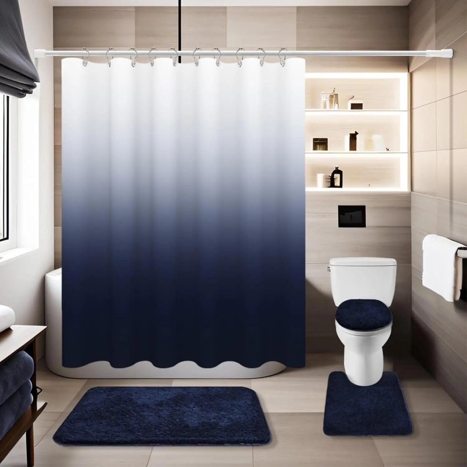 4-Piece Navy Blue Bathroom Set with Shower Curtain, Rugs & Toilet Cover