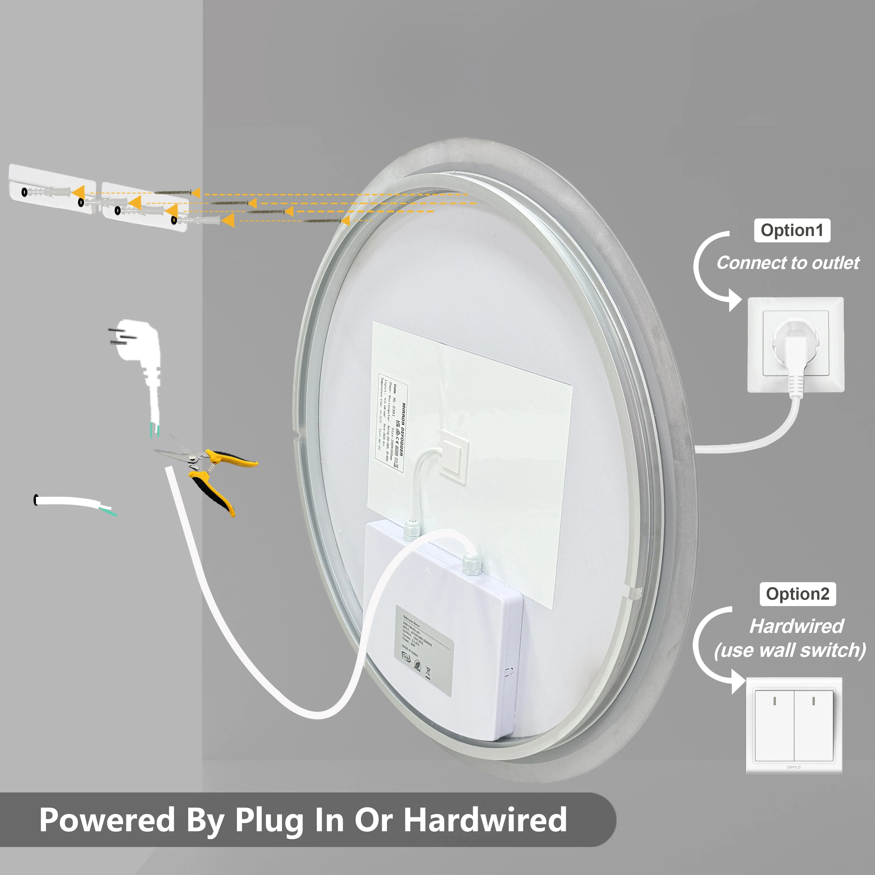 Wall Vanity Mirror with Aluminum Frame, Anti-Fog, Stepless Dimming, 3000K/4000K/6000K