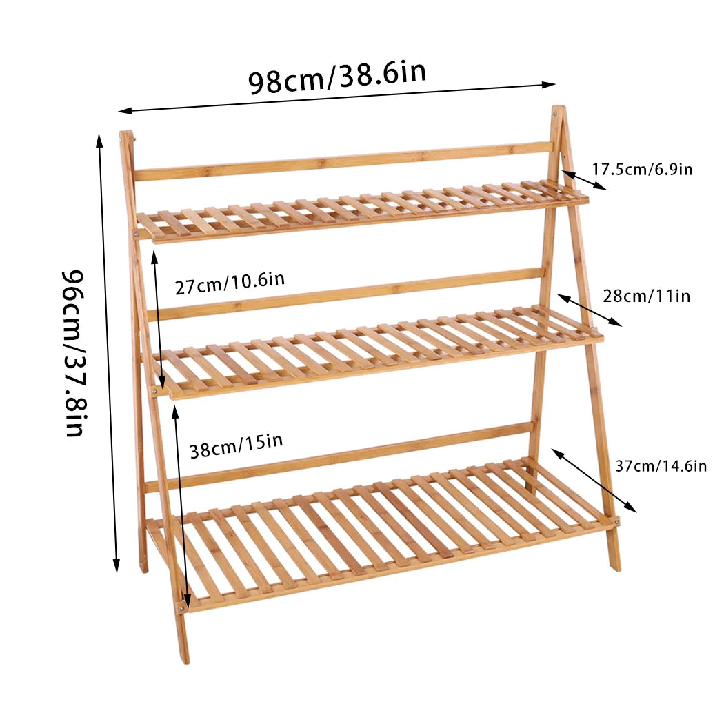 70/100cm Bamboo Plant Stand Folding 3 Tier Flower Pot Display Shelf Indoor Outdoor Ladder Garden Rack
