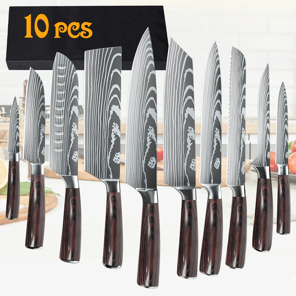 8/10pcs Kitchen Knives Set, Laser Damascus Pattern