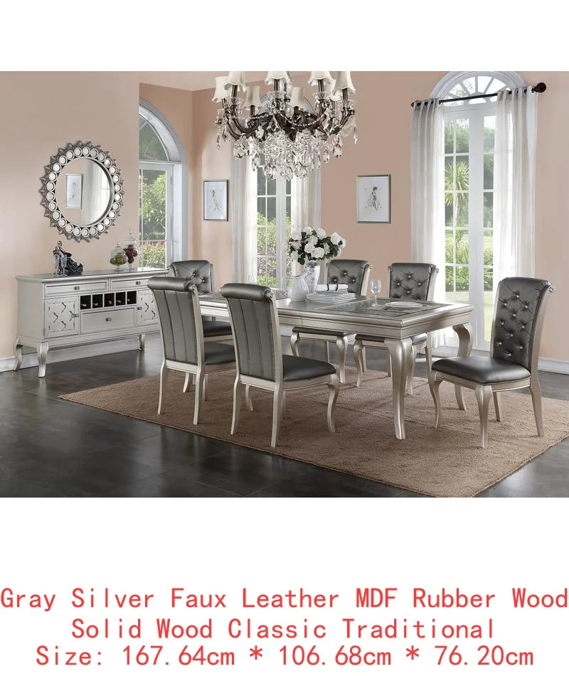 7pc Rect. Glass Dining Table Set w/ Silver Hue & 6 Tufted Side Chairs for Dining Room