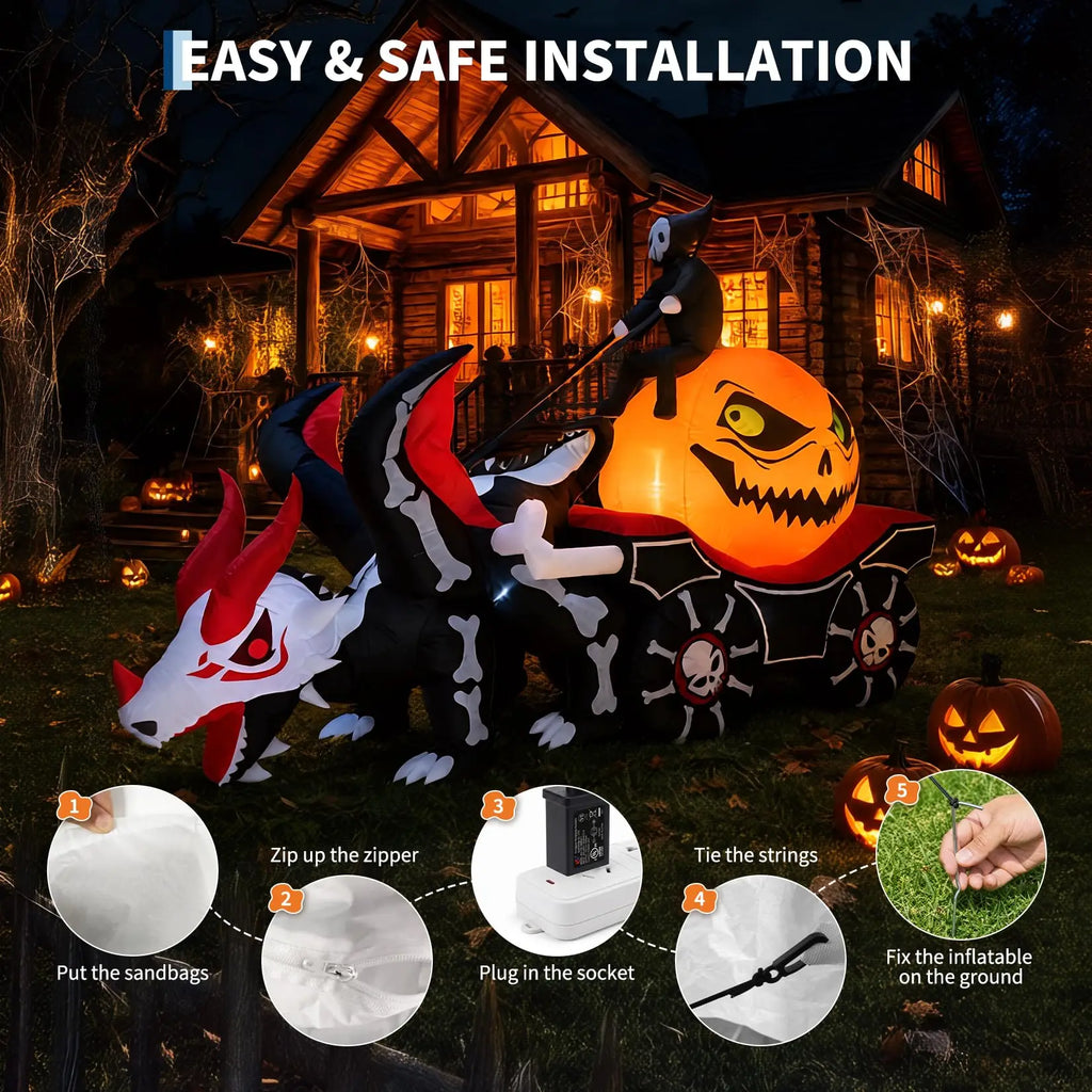 12ft Grim Reaper Dragon Carriage Halloween Inflatable With 3 Led Lights, Outdoor Yard Decoration For Lawn Porch Garden Party Display