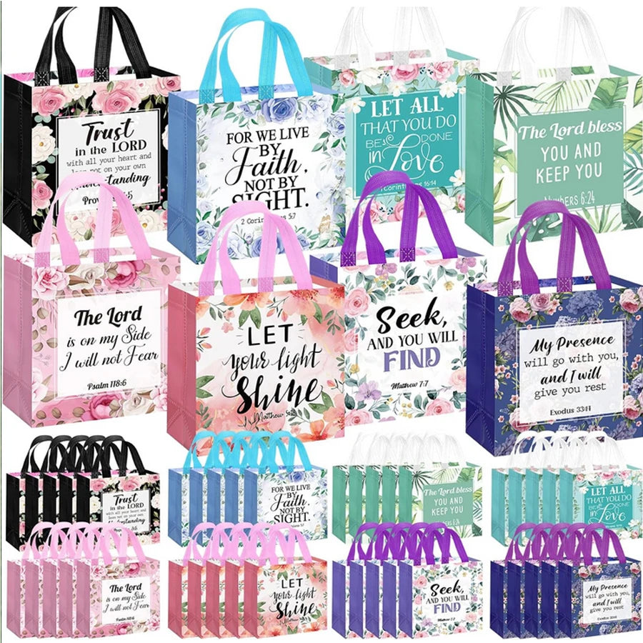 32 Pcs Bible Verse Flower Gift Bag with Handles, Reusable Gift Bags