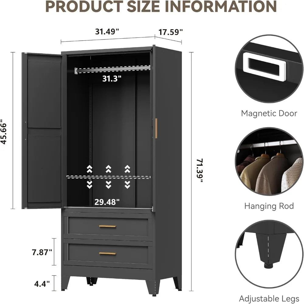 71" Metal Wardrobe Cabinet with Hanging Rod, Adjustable Shelves