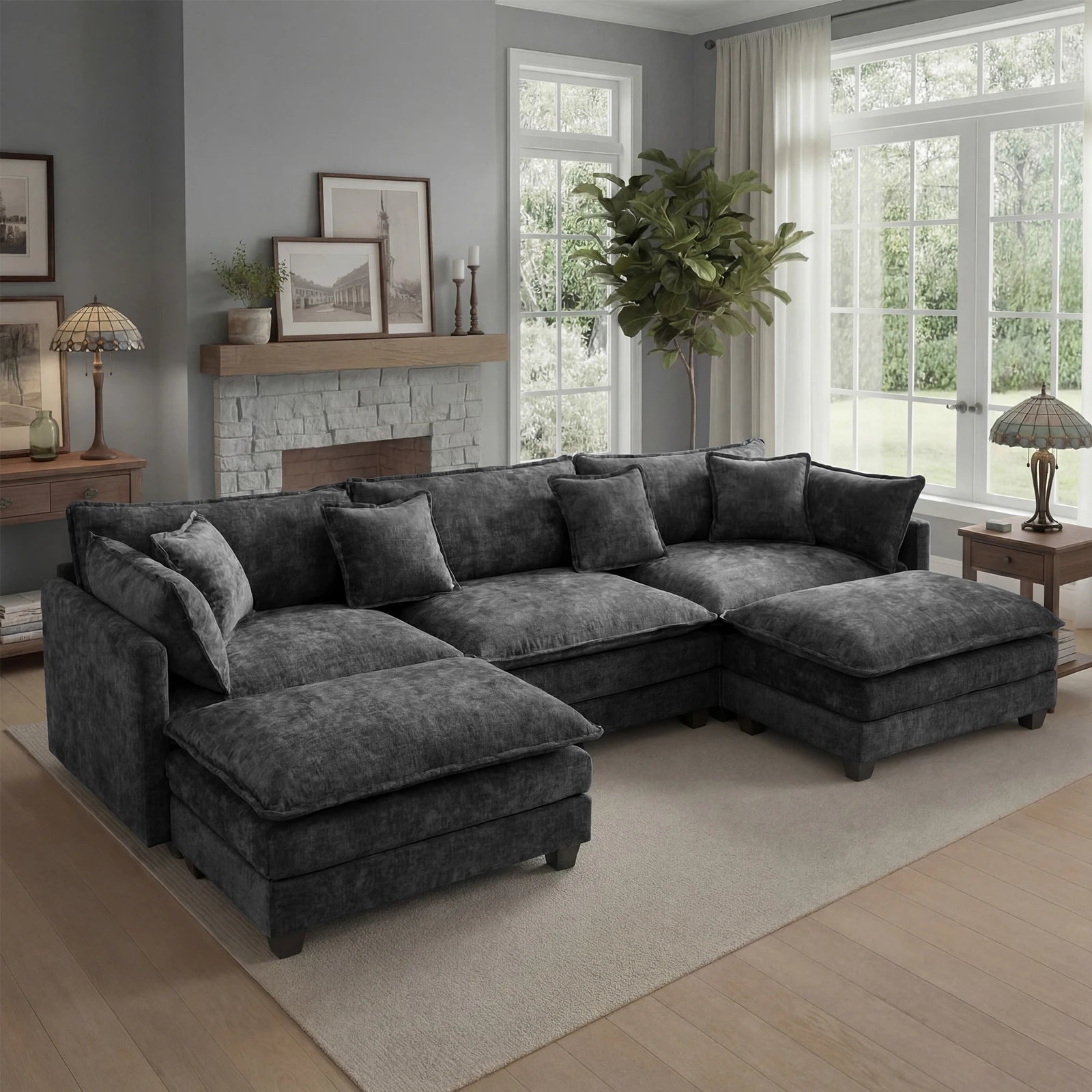 113.4" Modular Sectional Sofa with Ottoman, with Deep Seat (23.6" D)